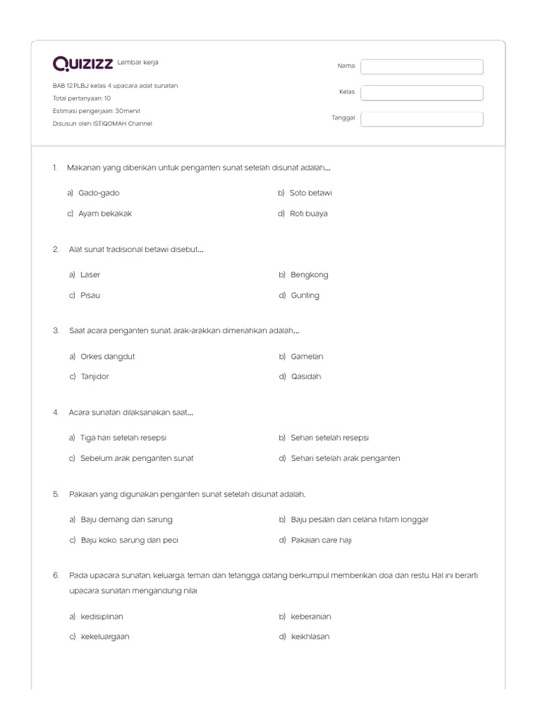 Bab 12 Plbj Kelas 4 Upacara Adat Sunatan Quizizz Pdf