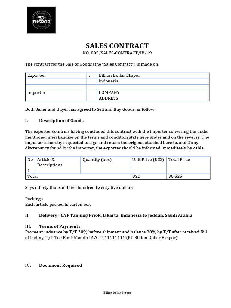 Sales Contract for Export to Jeddah | PDF | Bill Of Lading