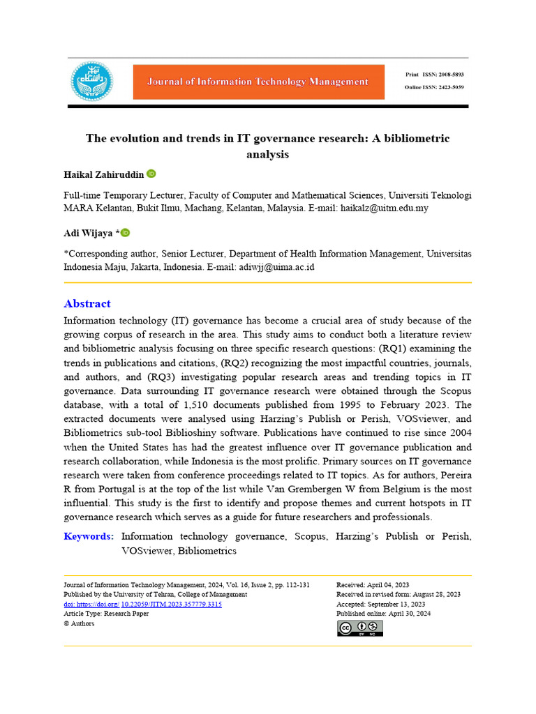 The evolution and trends in IT governance research -- JITM_Volume 16 ... 