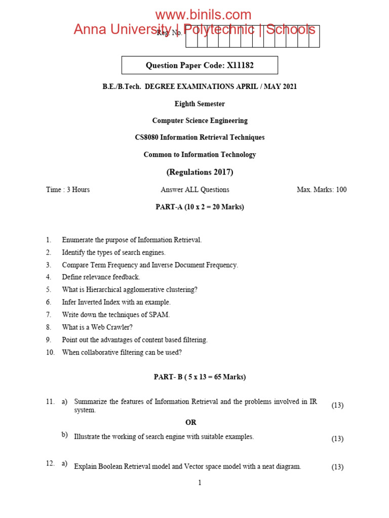 CS8080 Information Retrieval Exam Paper | PDF | Information Retrieval ...