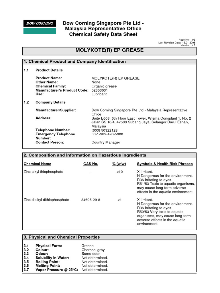 Molykote EP Grease MSDS Download Free PDF Labor Relations Chemistry