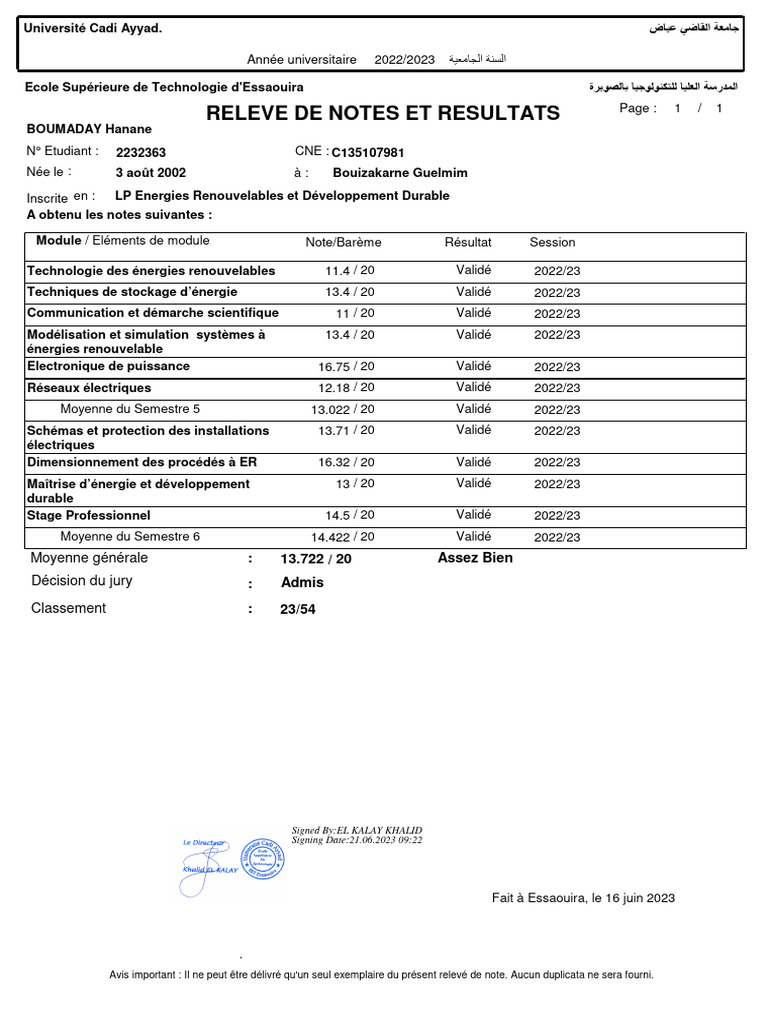 Relevé de notes 2022/2023 - EST Essaouira | PDF | Électricité ...