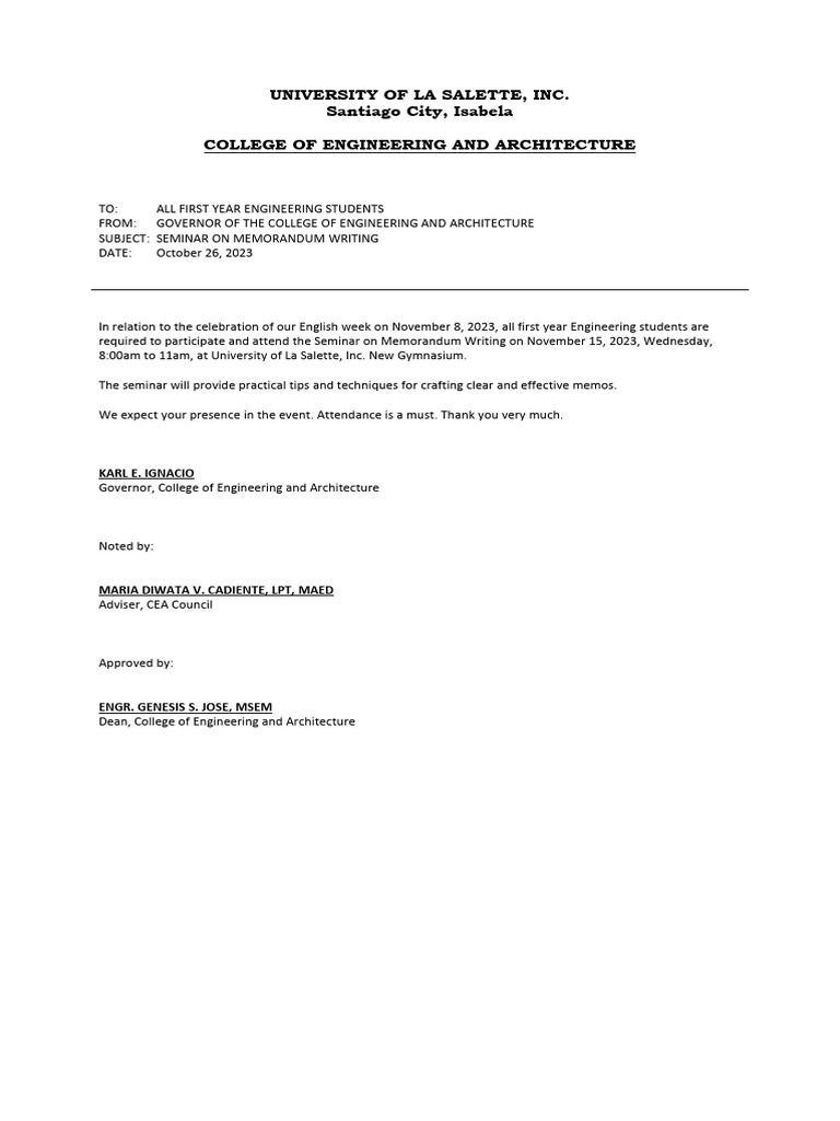 Seminar on Memorandum Writing for Engineers | PDF