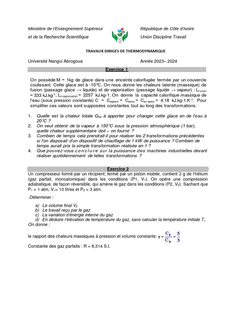 Exercices de thermodynamique 2023-2024 | PDF | Pression | Chaleur