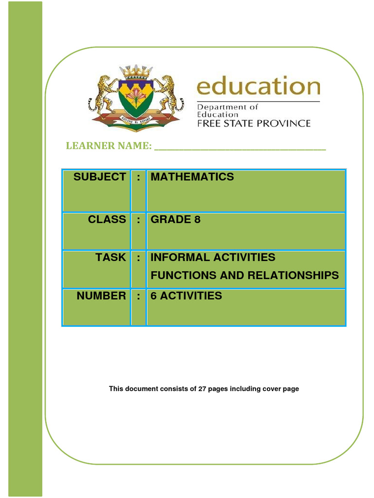 Grade 8 Informal Activities For Functions and Relationships Learner ...