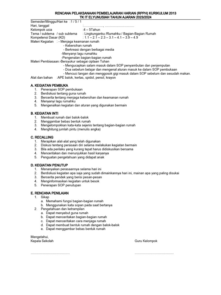 RPPH TK: Tema Lingkungan dan Rumah | PDF | Seni & Disiplin Bahasa