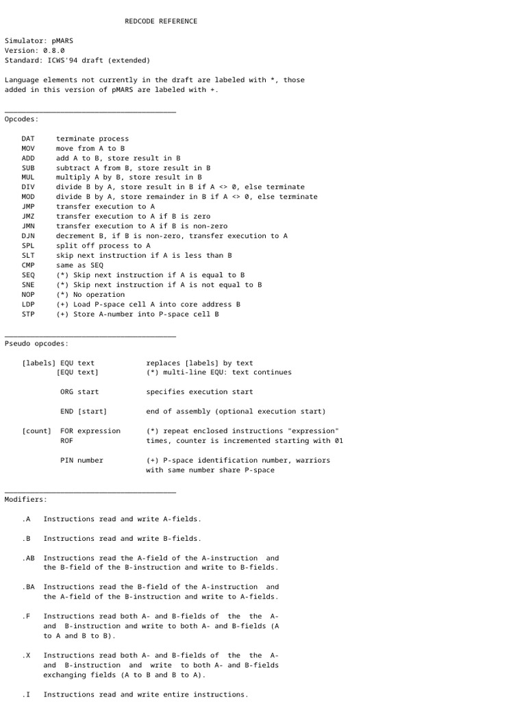 pMARS Simulator Version 0.8.0 Guide | PDF | Parameter (Computer ...