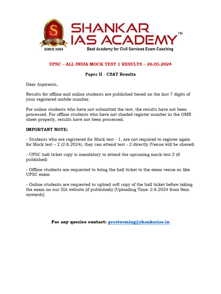Sia Upsc Mock Test 1Paper IIcsatresults PDF Tests