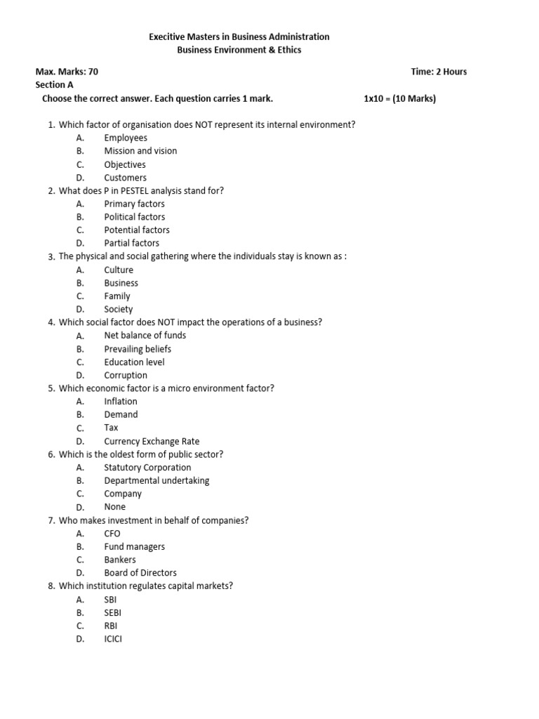 Business Environment & Ethics Exam Guide | PDF | Banks | Business