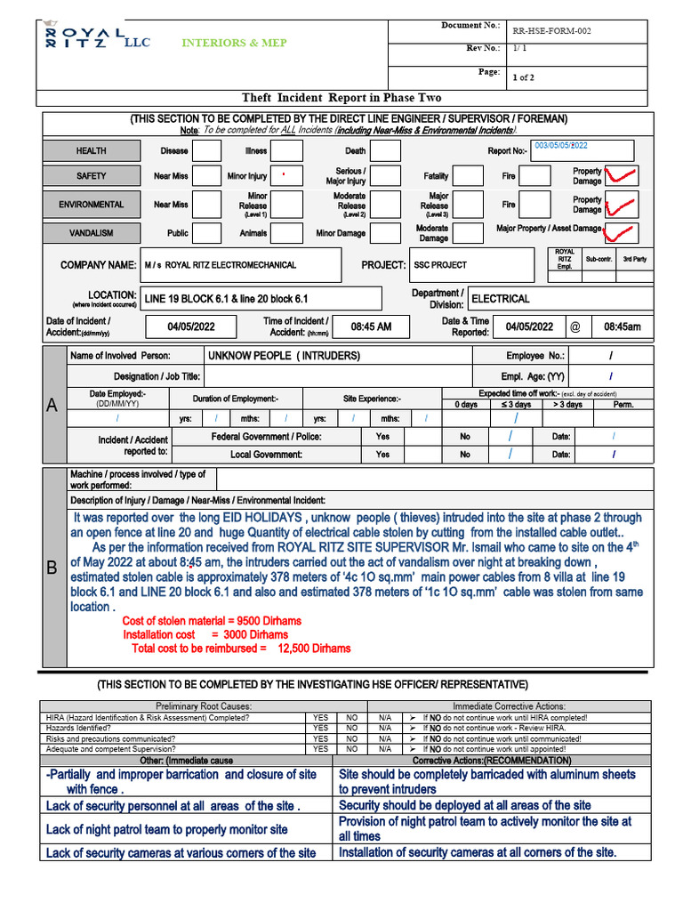Theft Incident Report: Cable Theft | PDF | Safety | Hazards