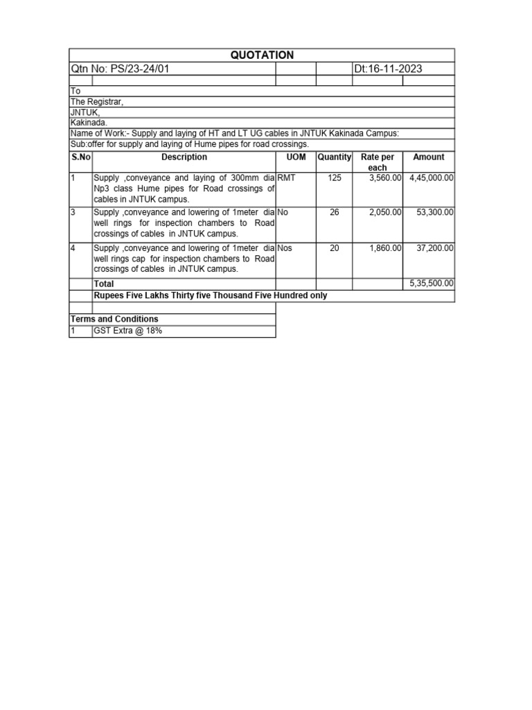 Hume Pipe Supply Quotation for JNTUK | PDF | Technology & Engineering