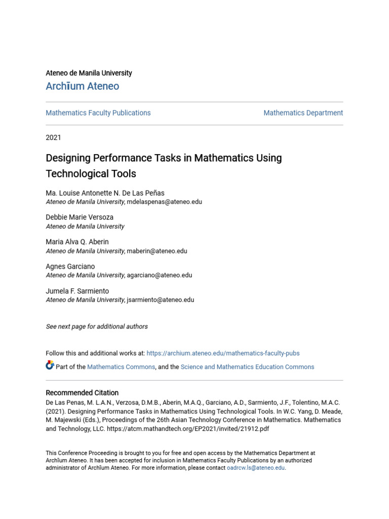 Designing Performance Tasks in Mathematics Using Technological To | PDF ...