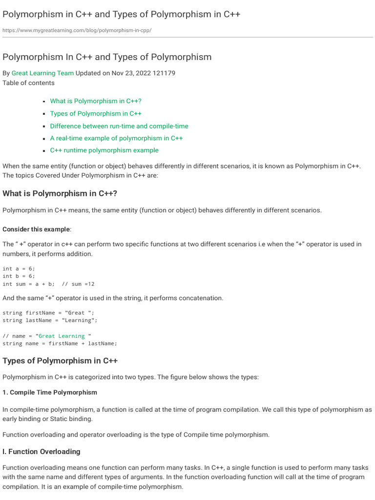 Polymorphism in C++ and Types of Polymorphism in C | PDF | C++ | Namespace