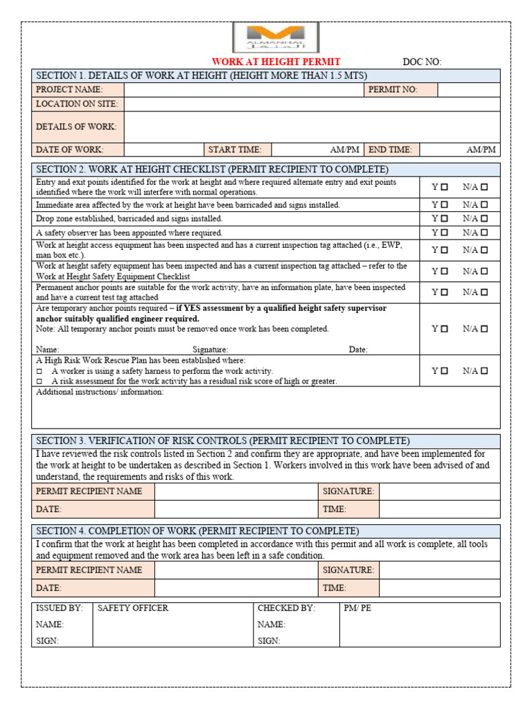 Work at Height Permit Checklist | PDF | Safety | Occupational Safety ...