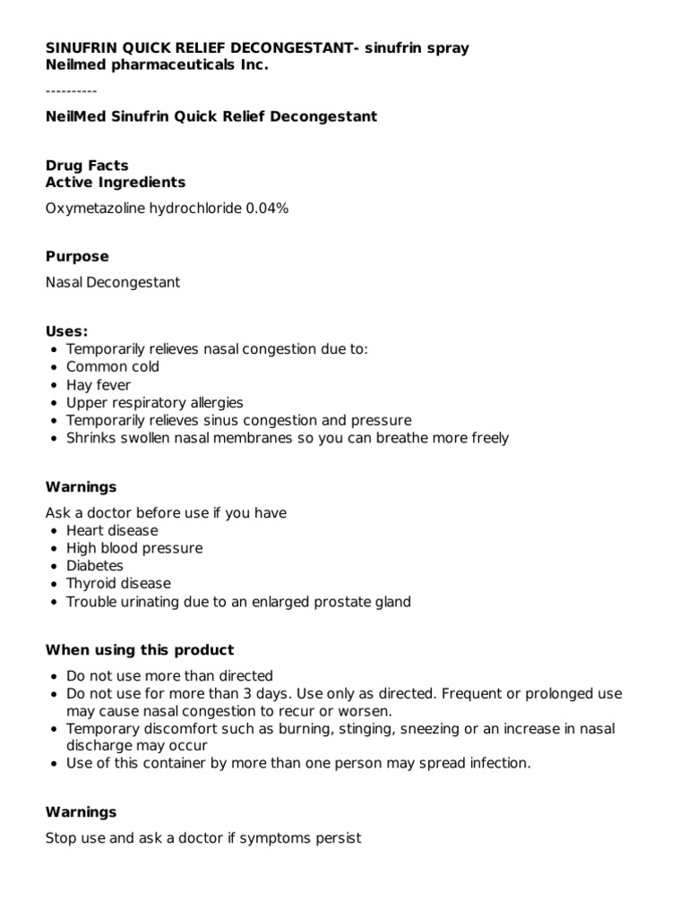 NeilMed Sinufrin Decongestant Spray | PDF | Common Cold | Medical ...