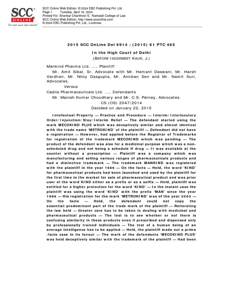 Picture of Pharma Trademark Dispute Ruling | PDF | Trademark | Pharmacist