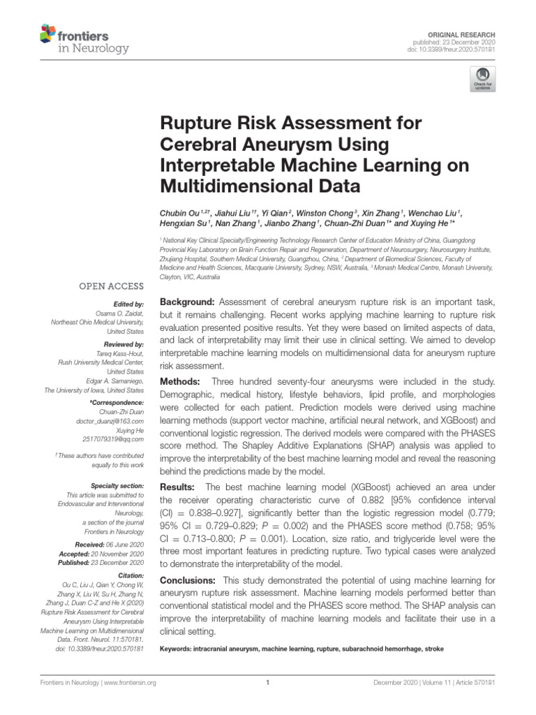 Rupture Risk Assessment For Cerebral Aneurysm Using | PDF | Machine ...