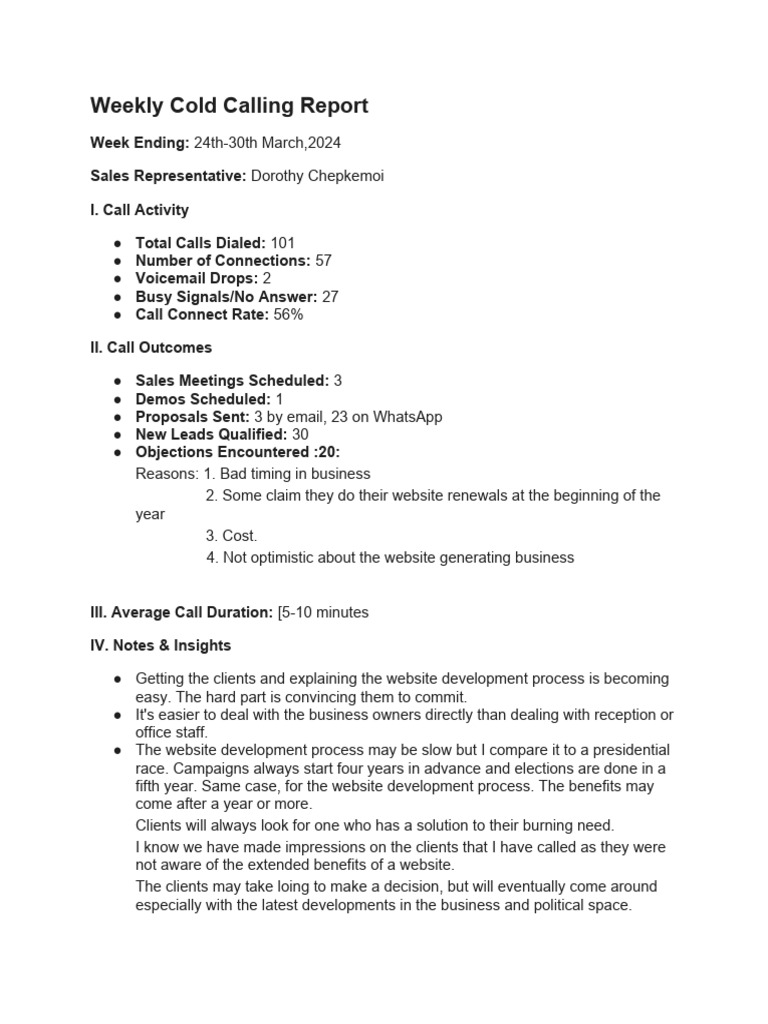 Weekly Cold Calling Report Summary | PDF | Return On Investment | Economies