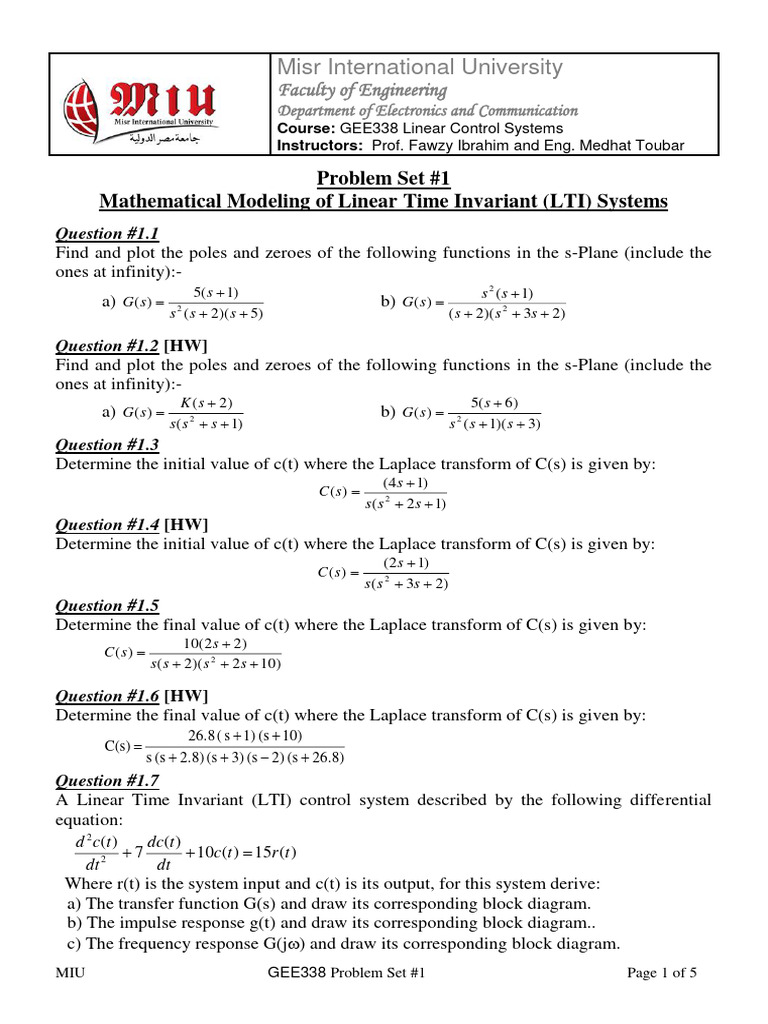GEE338 Problem Set #1 Modeling of LTI Systems | PDF | Applied ...