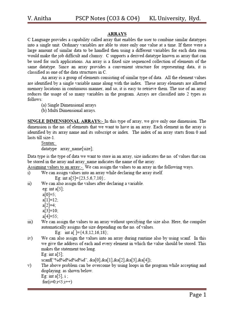 PSCP Notes on C Arrays Syntax | PDF | Parameter (Computer Programming ...
