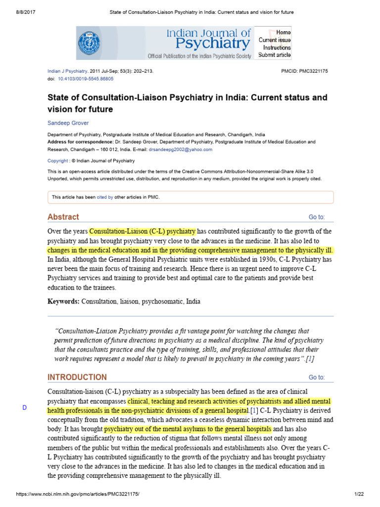 State Of Consultation Liaison Psychiatry In India Current Status And