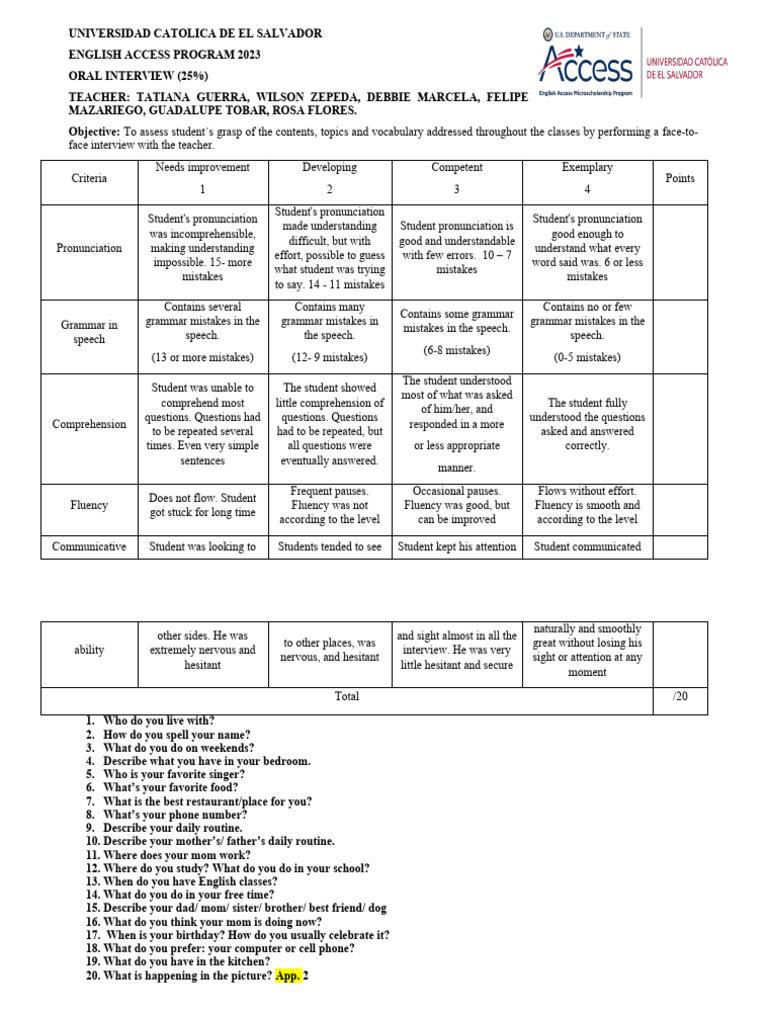 Oral Interview- English Access (1) | PDF | Reading Comprehension | Fluency