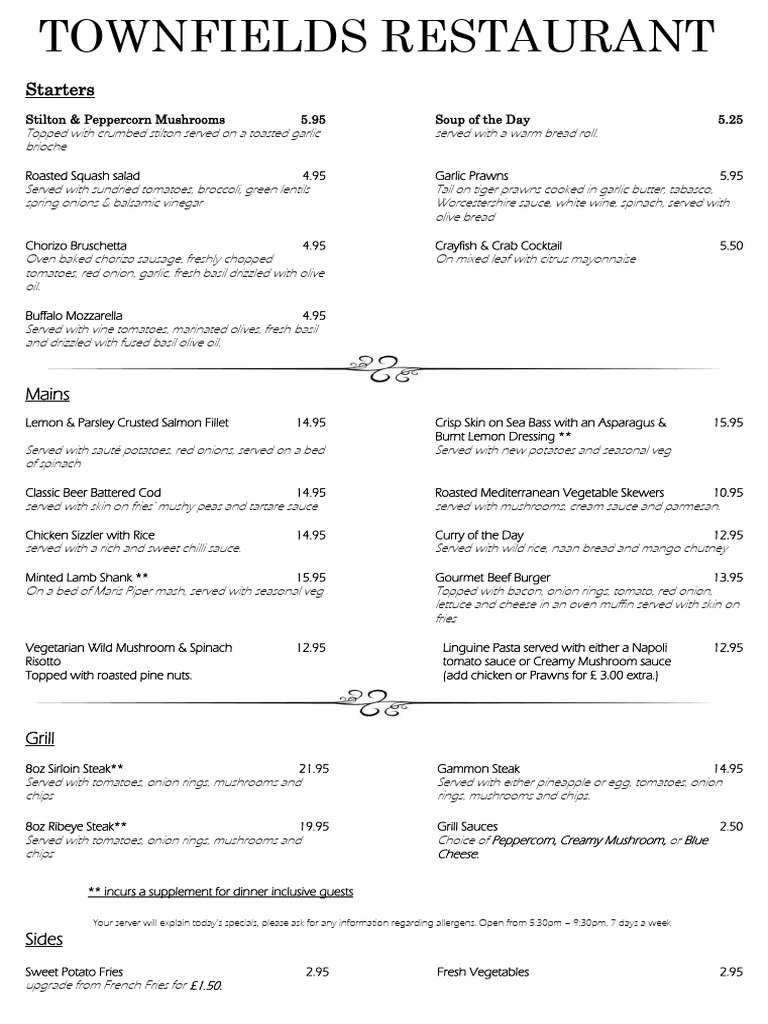 Townfields Restaurant Menu Overview | PDF | Sauce | French Fries
