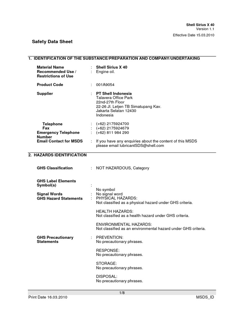 Shell Sirius X 40 Safety Data Sheet | PDF | Toxicity | Hazards