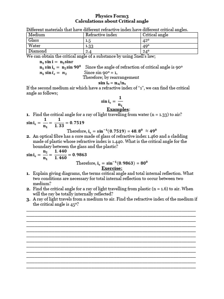 Calculations about critical angle pdf refraction refractive index