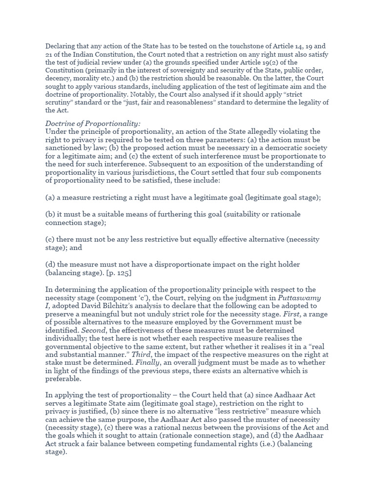 Aadhaar Act and Privacy: Proportionality Test | PDF | Right To Privacy ...