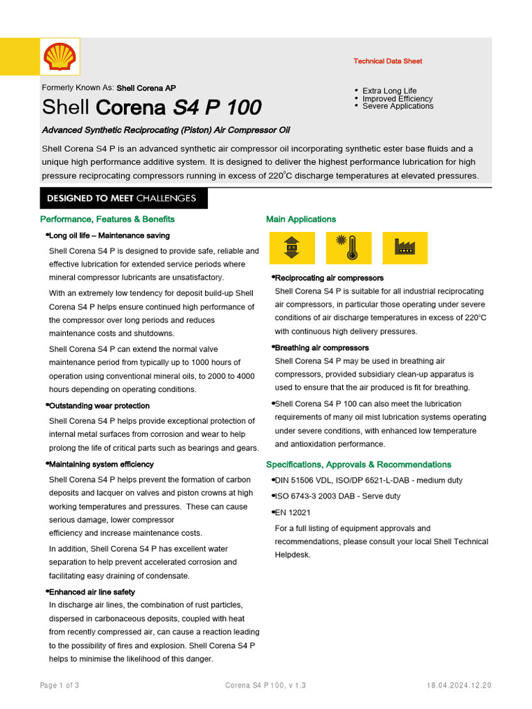 Shell Corena S4 P 100 Compressor Oil | PDF | Lubricant | Mechanical ...