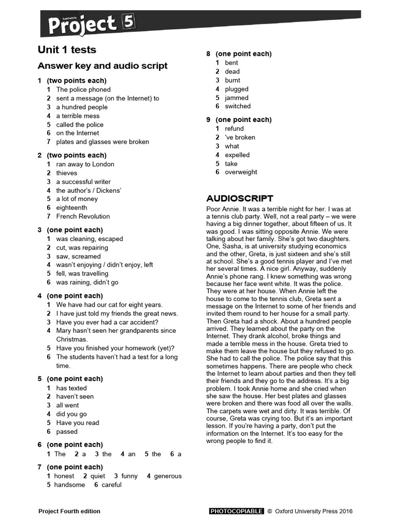 Unit 1 Test Answer Key | PDF