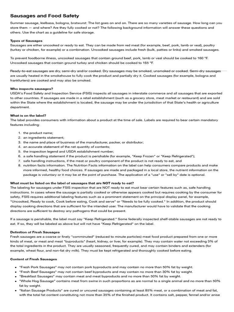 Sausages and Food Safety FSIS | PDF | Sausage | Curing (Food Preservation)