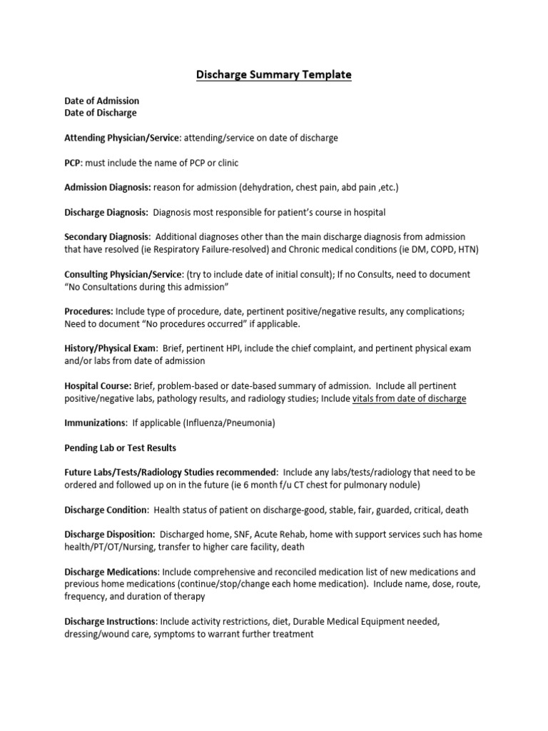 Hospital Discharge Summary Template | PDF | Medical Diagnosis ...