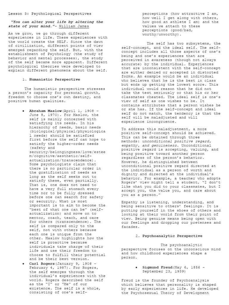 MODULE 3 PSYCHOLOGICAL PERSPECTIVES (Week3) | PDF | Id | Self Concept