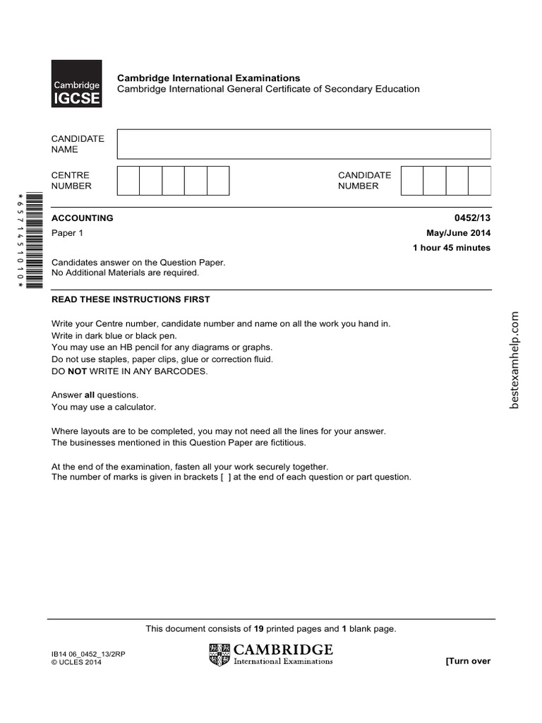 Cambridge IGCSE Accounting Exam Paper | PDF | Bad Debt | Bookkeeping