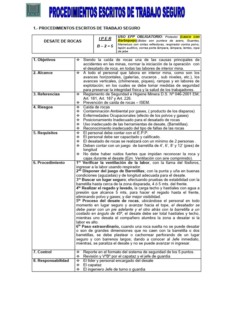 Procedimientos de Desate de Rocas en Minas | PDF | Minería