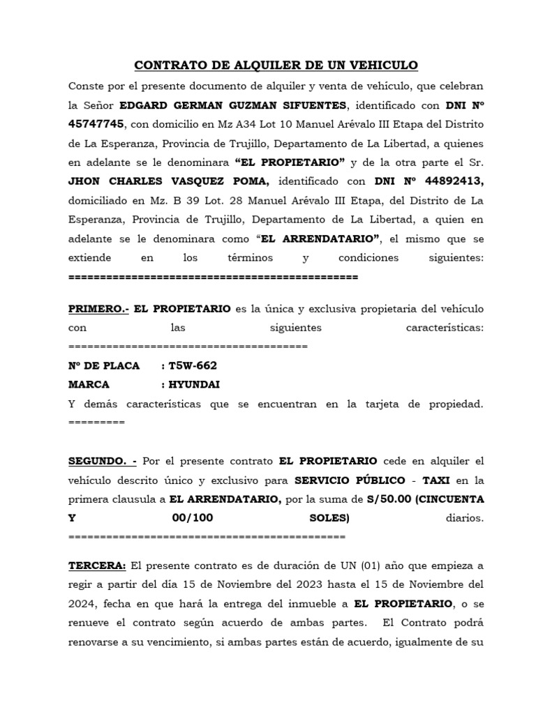 Contrato de Alquiler de Vehículo Taxi | PDF | Finanzas y dinero