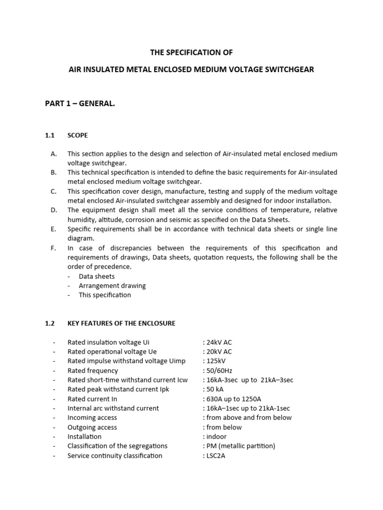 Medium Voltage Switchgear Specification | PDF | Electronics ...