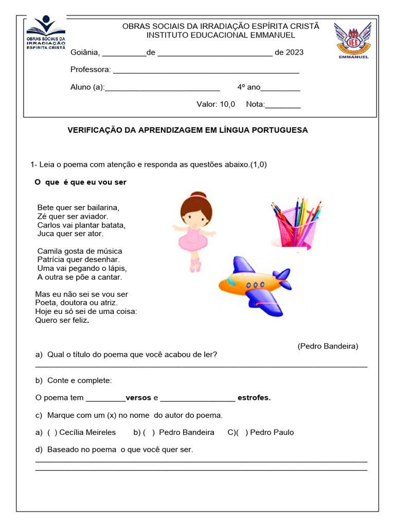 Avaliação Língua Portuguesa 1° Bimestre 4° Ano | PDF