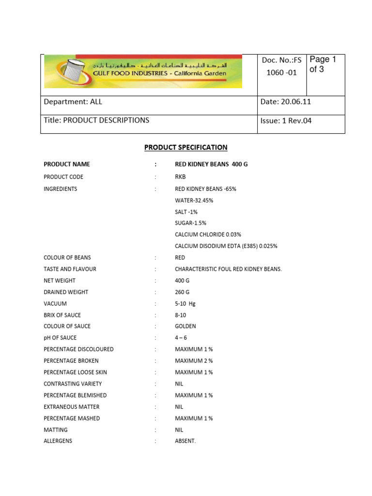 40-129-011 SPEC CGCE Red Kidney Beans 400g | PDF | Chemical Substances ...