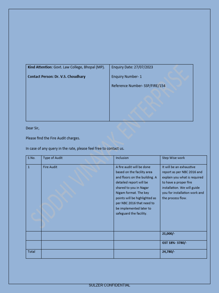 Fire Audit Quotation for Law College Bhopal PDF
