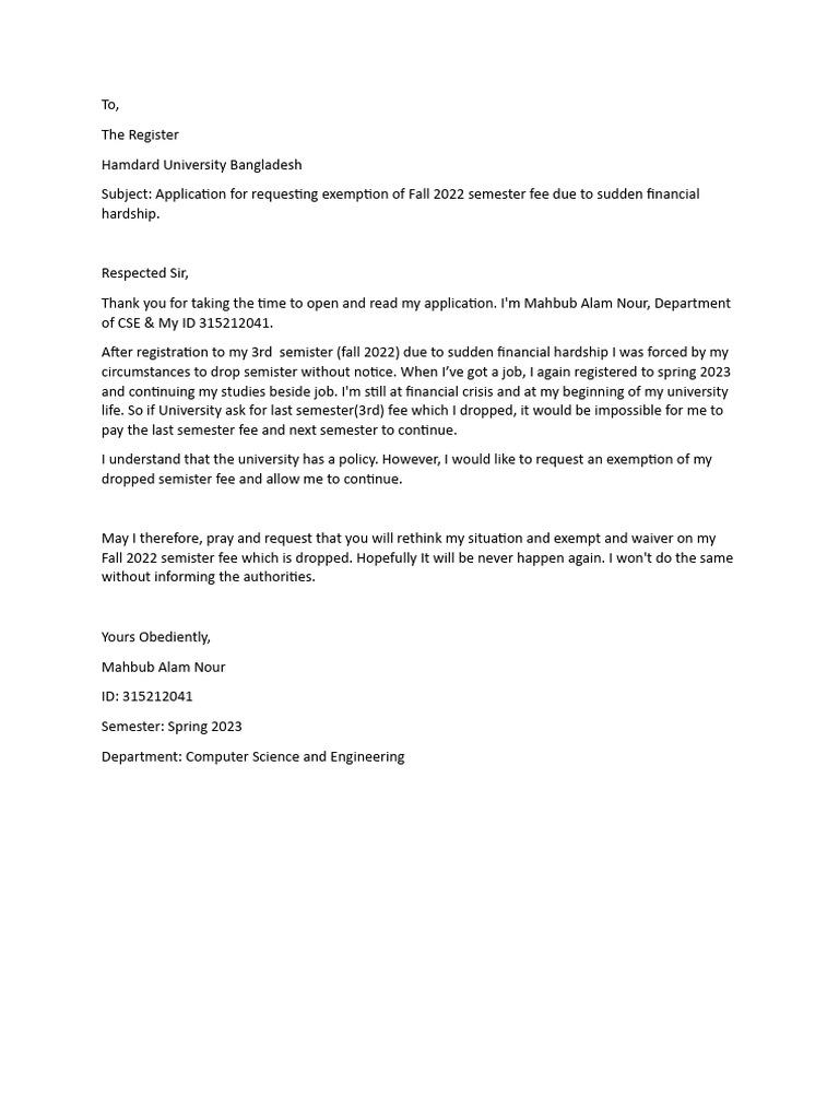 Application For Requesting Exemption of Fall 2022 Semester Fee Due To ...