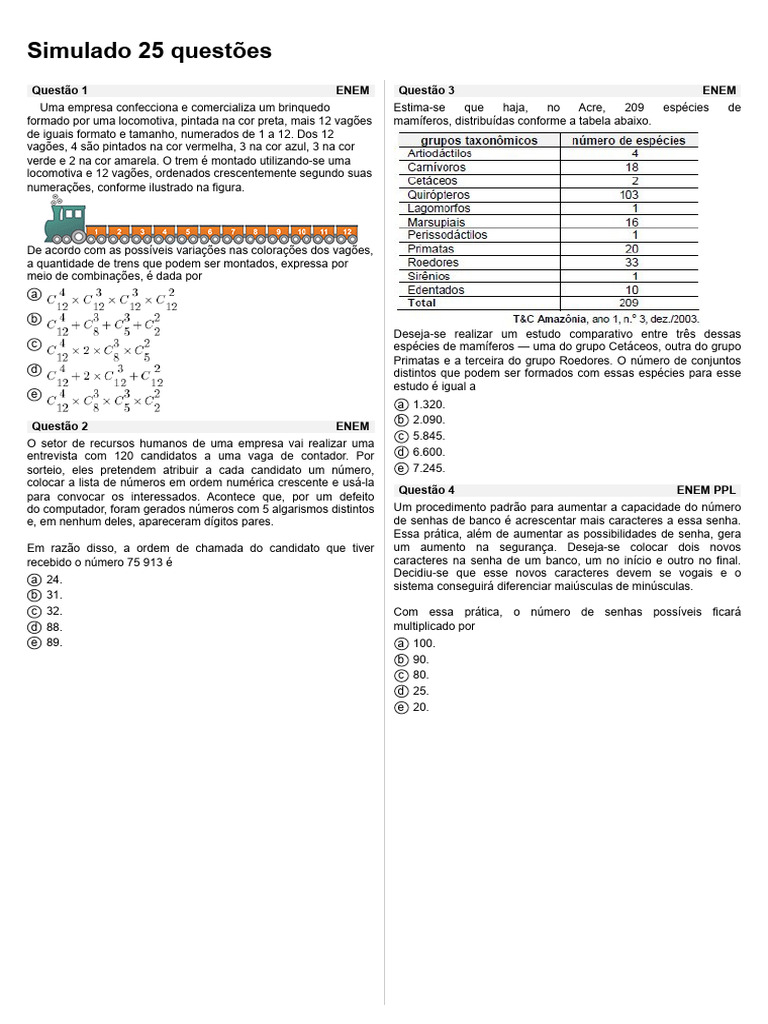 Simulado 25 Questões: Enem Questão 1 Enem Questão 3 | PDF
