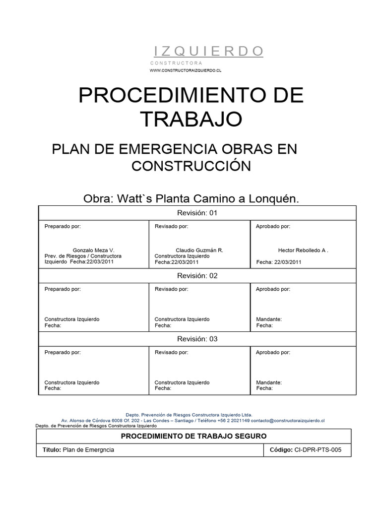 Plan de Emergencia en Construcción | PDF | Primeros auxilios | Incendios