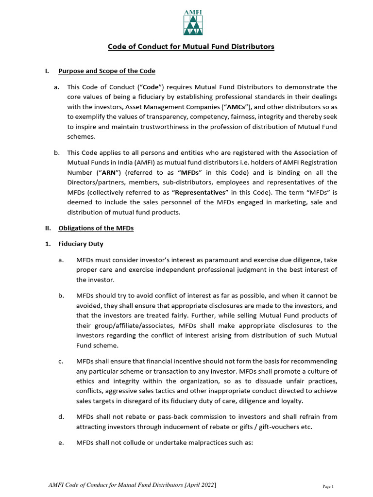 AMFI Code of Conduct for Distributors | PDF | Market Liquidity | Fiduciary