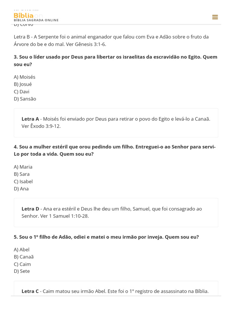 Quiz Bíblico: Perguntas e Respostas | PDF | Gênesis (livro) | Livro do ...
