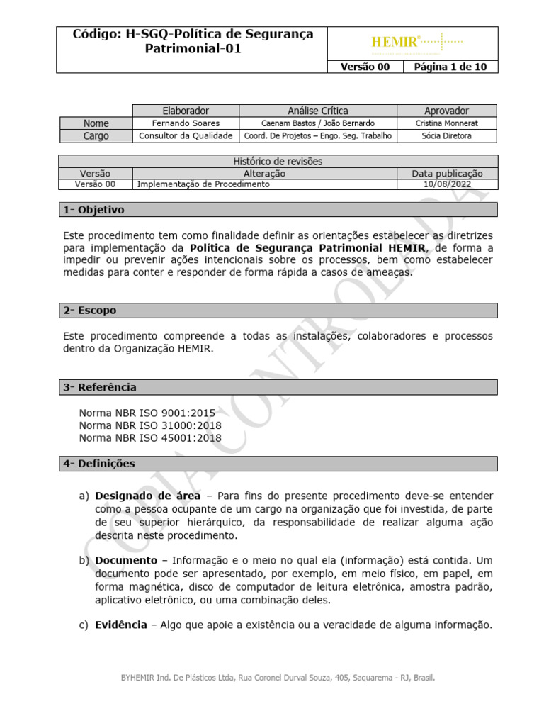 Política de Segurança Patrimonial HEMIR | PDF | Segurança de ...