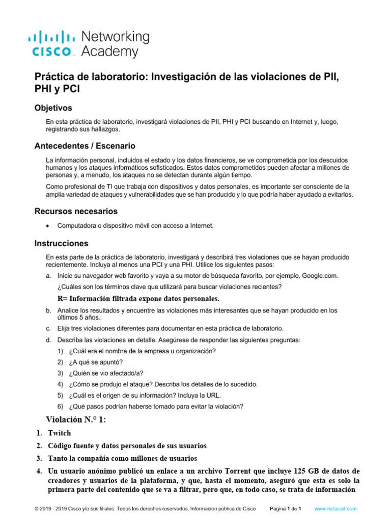 Práctica: Violaciones de Datos PII/PHI/PCI | PDF | Facebook | Violación