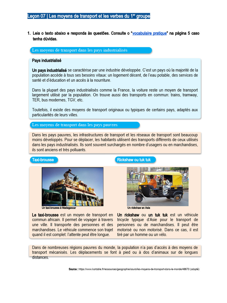 Leçon 07 - Les Moyens de Transport Et Les Verbes Du 1er Groupe | PDF ...